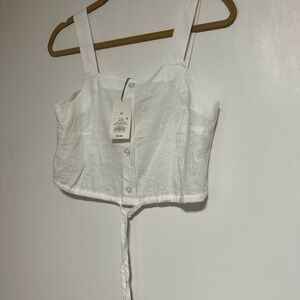 A New Day White Linen Button Crop Top